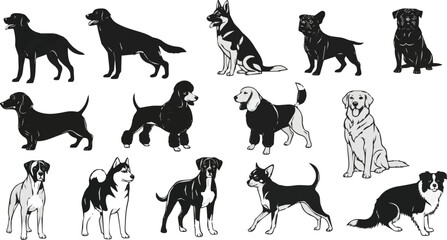 Create a kinds of deferent dog vector art silhouette with white background.