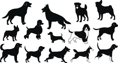 Create a kinds of deferent dog vector art silhouette with white background.