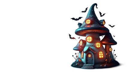 A whimsical mushroom house with glowing windows surrounded by bats on a white background scene design
