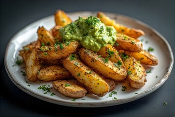 crispy potato wedges on a plate with guacamole on top