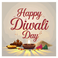 Happy Diwali Greeting with Lamps, Marigolds, and Decorative Elements &ndash; Festive Celebration Illustration