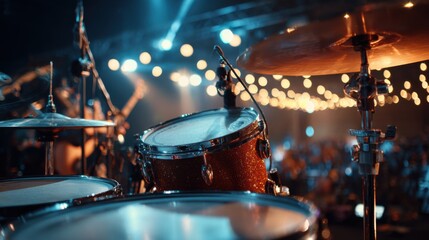 Naklejka premium Close-up of a drum set during an energetic concert, showcasing shiny cymbals and vibrant lights. The audience can be seen enjoying the music in the background.