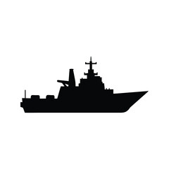 Black silhouette of a battle ship  on the sea silhouette vector icon illustration on white background minimalist flat black