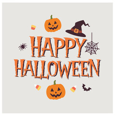 Creative “Happy Halloween” text design featuring a pumpkin, witch hat, broom, and hanging spider. Perfect for greeting cards, t-shirt designs, party invitations, and festive decorations.