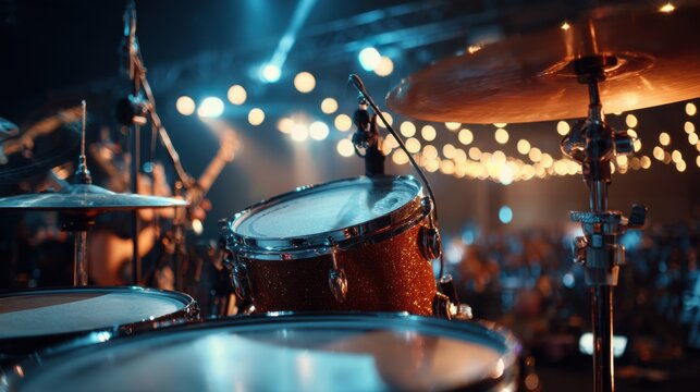 Close-up of a drum set during an energetic concert, showcasing shiny cymbals and vibrant lights. The audience can be seen enjoying the music in the background.