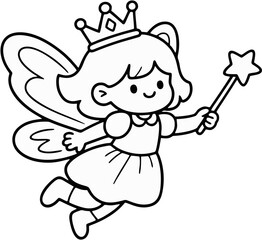 Adorable Chibi Fairy Girl Waving Wand – Coloring Page Line Art