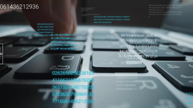 Man working on laptop computer keyboard with graphic user interface GUI hologram showing concepts of big data science technology, digital network connection and computer programming algorithm. Glean