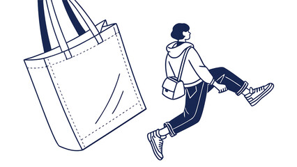 A happy student skips along carrying a tote bag with youthful energy and dark