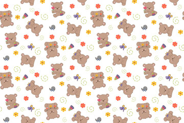 Charming vector illustration featuring a seamless pattern of adorable bears holding flowers, colorful blooms, and playful toys. Ideal for kids products and nursery decor.