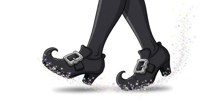 A cartoon illustration of black witch shoes with buckles and glitter on a white background