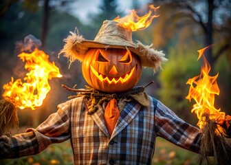 Naklejka premium Spooky jack o lantern scarecrow with flaming hands stands guard in a dark forest at night