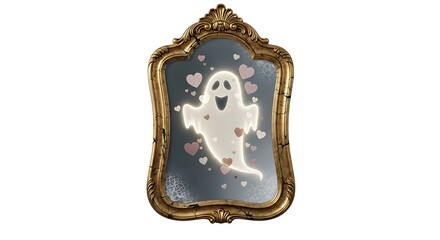 A vintage mirror reflecting a glowing ghost surrounded by pink hearts on a white background scene