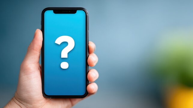 A hand holding a phone with a question mark on the screen - Powered by Adobe