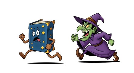 A cartoon book running away from a cartoon witch with a green face and a purple robe and hat in pursuit