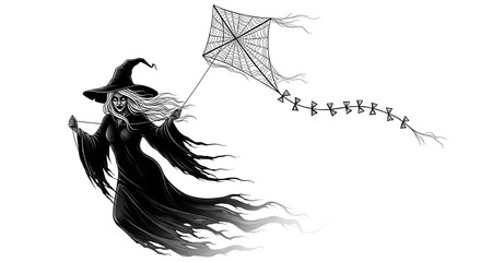 A witch in a black dress and hat flying a kite with a spiderweb design on a white background image art