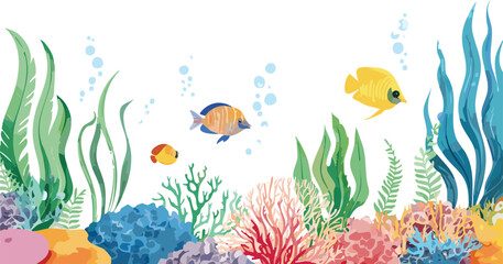 Fototapeta premium Watercolor seabed landscape with delicate seaweeds, plants, coral reef, sea sponges and small fishes. Panoramic hand drawn marine border for your design wallpaper, background, horizontal, illustration