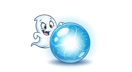 Cartoon ghost character holding a glowing blue orb with swirls on a white background illustration