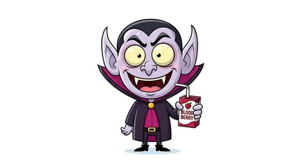 Cartoon vampire with big eyes holding a juice box labeled blood berry and a straw sticking out of it