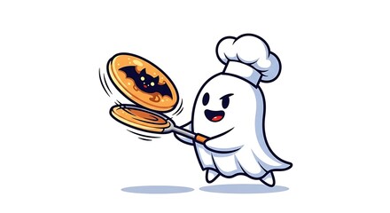 Cartoon ghost chef tossing halloween pancakes with a bat design on a white background image view