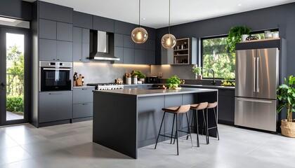Modern kitchen with dark cabinetry, island, and stainless steel appliances