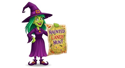 Cartoon witch holding a haunted candy hunt map wearing a purple dress and hat with green hair