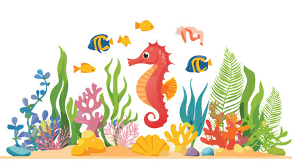 Obraz premium seaweeds, coral, seahorse, fishes and sea plants. Isolated colorful illustration for your design mural, wallpaper or textile,children, underwater, hand-drawn, seahorse, coral, illustration, isolated, 