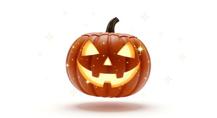 A glowing jack o lantern with a smiling face on a white background with sparkles around it design
