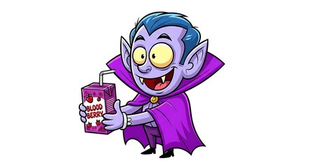 Cartoon vampire holding a blood berry juice box with a straw and smiling on a white background