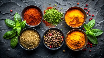 Vibrant Spices and Herbs: Aromatic Culinary Collection, Dark Background, Overhead Shot