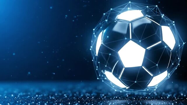 A futuristic soccer ball constructed from a digital network symbolizes the interconnectedness of the sport