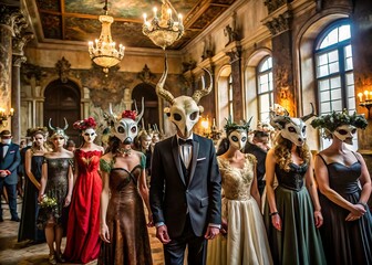 Elegant masquerade ball features guests in elaborate animal skull masks and formal attire in grand ballroom