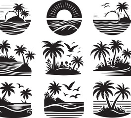 Fototapeta premium Tropical island icon set with palm trees beach and summer elements