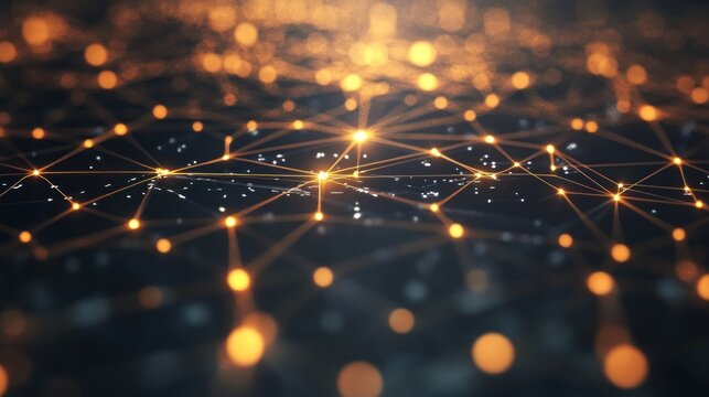 A collection of glowing, abstract digital nodes and connecting lines, representing a neural network, or complex data network. Futuristic and conceptual, dark background.