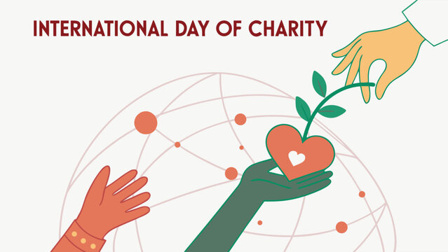 Diverse Hands Holding Heart and Seedling Vector for International Day of Charity with Globe Background