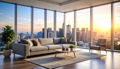 Modern city-view living room with sectional sofa, armchair, and coffee table at sunset