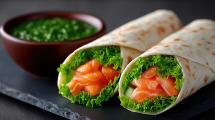 Two wraps with salmon and lettuce are on a black table
