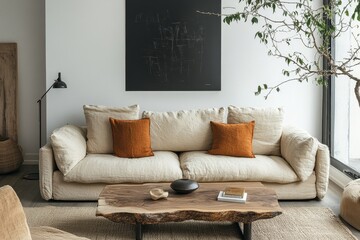 Live-edge coffee table positioned against a beige fabric sofa near a wall with a black art poster. Japandi and boho-style home interior design for a modern living room, Generative AI