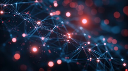 A collection of glowing, abstract digital nodes and connecting lines, representing a neural network, or complex data network. Futuristic and conceptual, dark background.