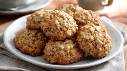 A plate stacked with freshly baked oatmeal cookies showcases a golden brown color and a chewy texture. Perfect for dessert or a snack, these treats are ideal for sharing.