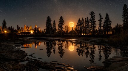 Naklejka premium Illuminated castle reflected in a tranquil night river, moonlit sky.