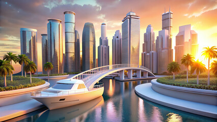 Luxury Cityscape at Sunset: Modern Architecture, Yacht, and Palm Trees - A Vision of Affluence and Tropical Urban Living