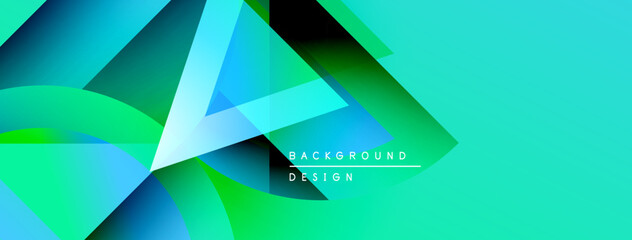 Abstract geometric shapes overlap, creating vibrant turquoise, green gradients. Text reads background design. Modern, dynamic visual composition.