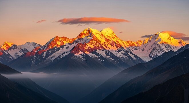 A vibrant and dynamic mountain landscape captured during an intense sunrise or sunset, with brilliant orange and golden light intensely illuminating the rugged, snow-dusted peaks.