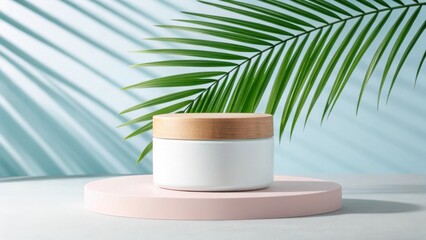 Fototapeta premium Natural skincare product displayed with tropical palm leaves and soft lighting