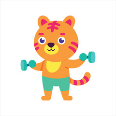 Fitness Tiger Cartoon Exercising with Dumbbell