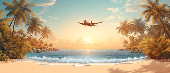Obraz premium airplane flying over island travel summer banner