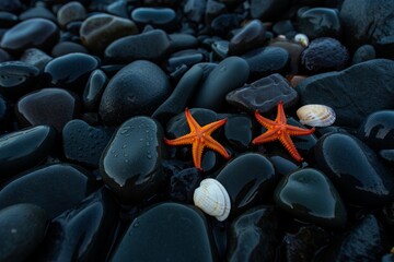 Two bright orange starfish nestled among dark wet pebbles on a beach