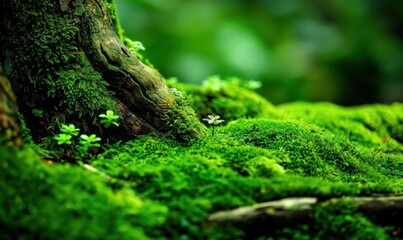 Lush green moss covering a tree trunk in forest environment close up