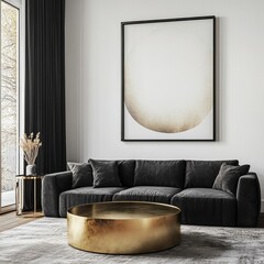 Round brass coffee table near a black sofa, set against a white wall with a large monochromatic art poster frame. Art Deco style home interior design for a modern living room, Generative AI