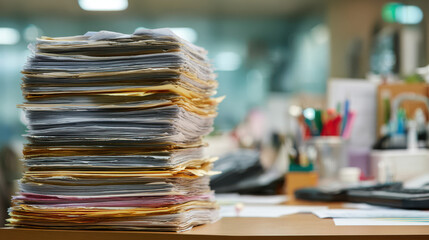 Office desk with high stack of paper files documents and clutter symbolizing workload deadlines business stress and productivity